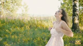 OLD4K. Lassie spits on rules and has sex with much aged chap in nature