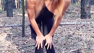 Nasty golden-haired gets fucked hard in the forest in the one and the other holes and cum leaks from her taut arsehole