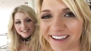 2 blonde women getting drilled in latex lingerie