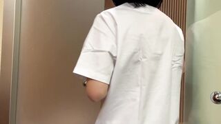 I surprise the hotel room service cleaning gal in the washroom and this chick helps me finish cumming