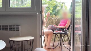 My husband is wanking and cum in front of my stepmom a while we talk on balcony.