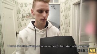 DEBT4k. Man screwed wife letting debt collector drill her constricted holes