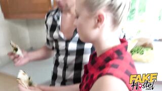 Fake Hostel - tiny teen screwed by two lucky backpackers in three-some