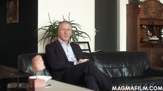 Aged business woman screws client for a contract