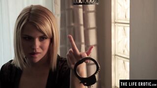 Gorgeous golden-haired loves to be handcuffed whilst she masturbates