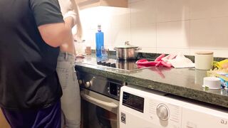 18 year old stepdaughter has sex in the kitchen, The obese stepfather cums inside her