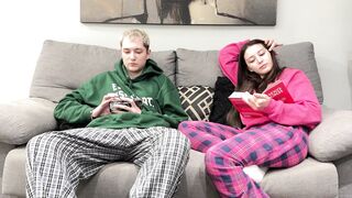 Step Brother Watch Porn and Jerk Off Next To Step Sister! But That Sweetheart Make A Decision Handjob Him Instead Reading Boring Book