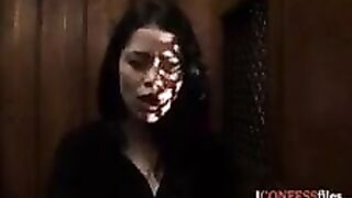 Ava Dalush bangs on a church confessionary