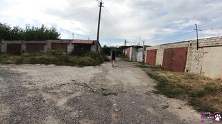 Public Cum Swallow Behind Garages During the Walk - POV