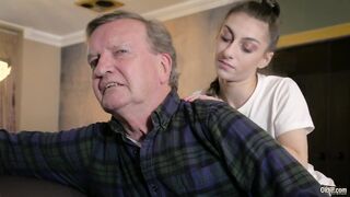 Fat grand-daddy bangs slender teenager snatch and she gags on his jock