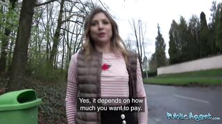 PublicAgent creampie for cute golden-haired teen who fools around in public for money flashing her bazookas and shaved vagina outside
