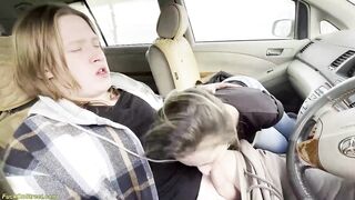 busty gal surprised me while stroking in the car