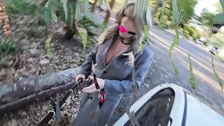 Gagged sissy flashing in a popular park peeing in panties and vibrating to orgasm