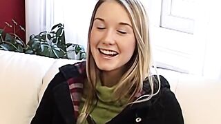 Delightful golden-haired amateur teen rubs her bald cunt