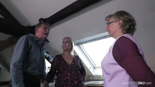 Grandma & Grand-daddy seduce their cleaning lady and eagerly lick their cunt clean