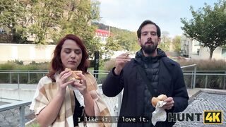 HUNT4K. Sexy redhead bitch is enough of junk food and her silly BF and banged for money