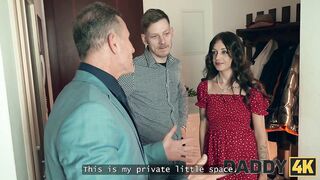 DADDY4K. Brunette slut cheats on her BF in the next room with his Daddy