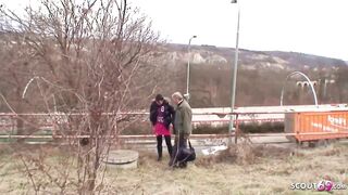 Hot brunette is giving a head to an elderly man, before riding his alt hard rod