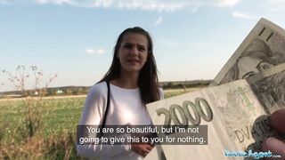 Public Agent Constricted pussy drilled for cash outside