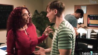 Redhead busty MILF professor anal banged by two students