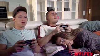 Twin Milfs Bang the Stepson and his Friend on the Bed