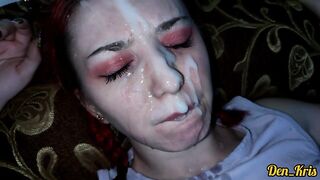 compilation of cum shots on the face of a cute girl with red hair and glasses