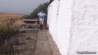 British amateur aged housewife Allison in stockings and boots flashing her huge natural bazookas then on the table masturbating and toying